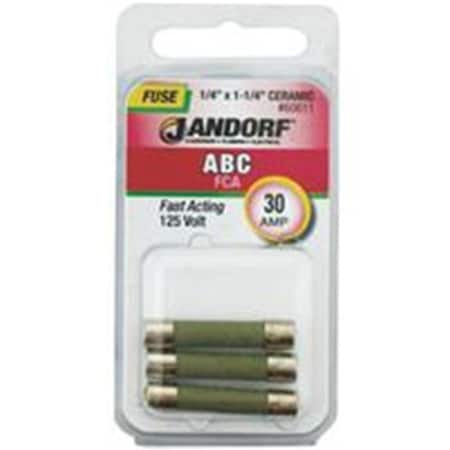 Jandorf Ceramic Fuse, ABC Series, Fast-Acting, 30A, 125V AC 3397650